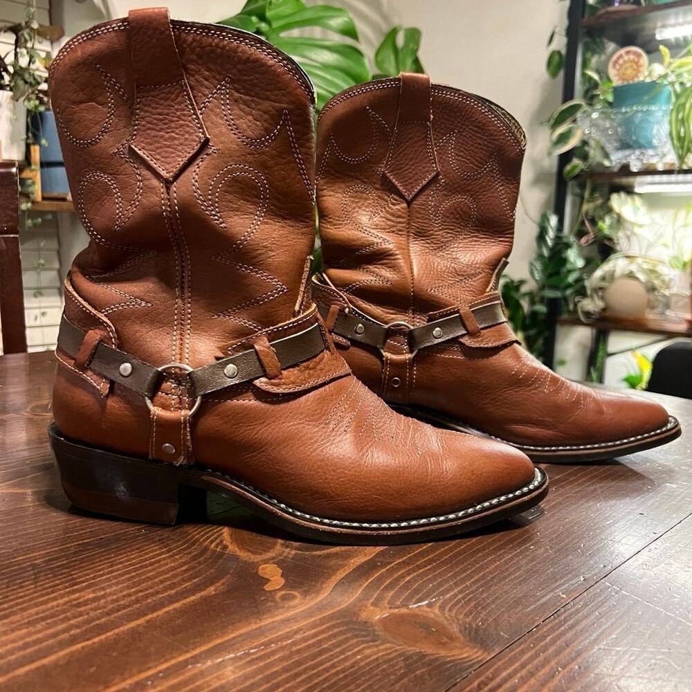 Vintage Vulcan Women’s Brown Leather Harness Cowboy Boots - Size 8.5 - Picture 2 of 7